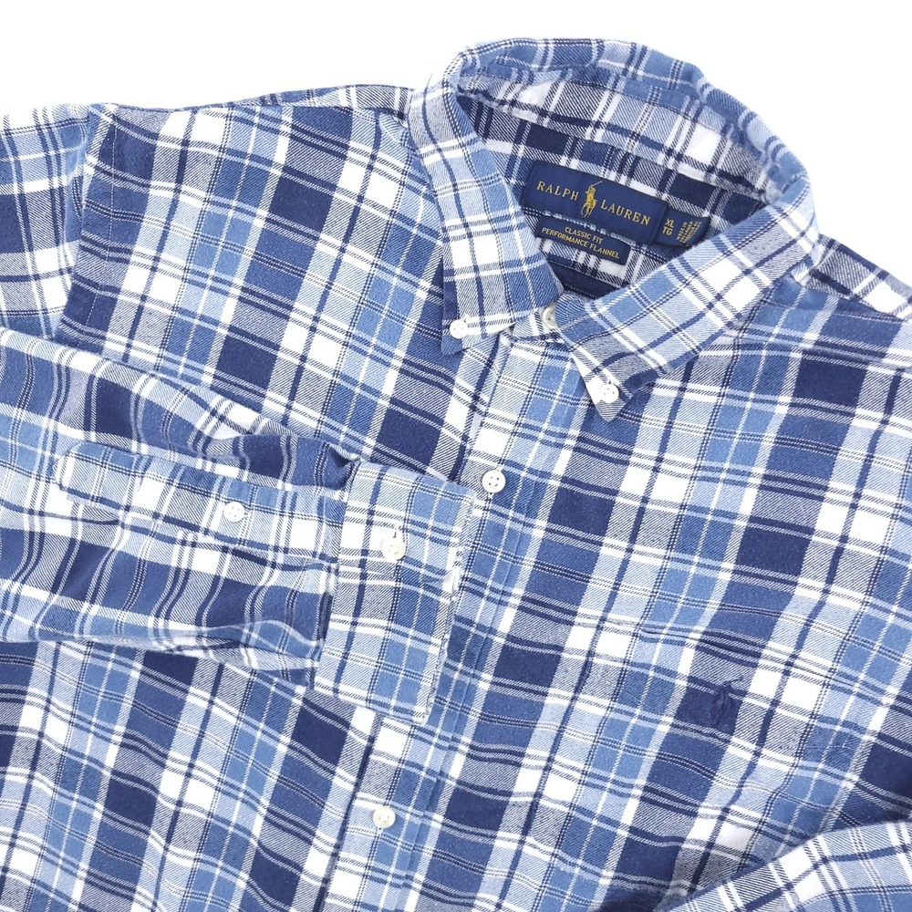 Ralph Lauren Performanc Flannel Shirt Mens XL Blue Plaid Long Sleeve Button Up